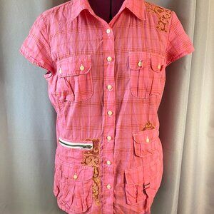 Pink Short Sleeved Plaid Button Down Shirt with fun embellishments